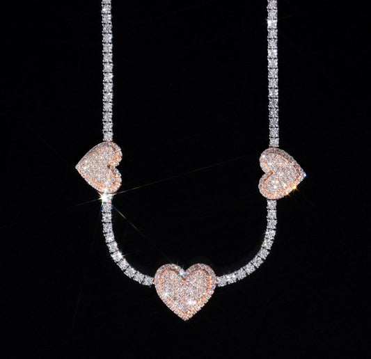 10k Rose & White Gold Heart Charm Tennis Chain
