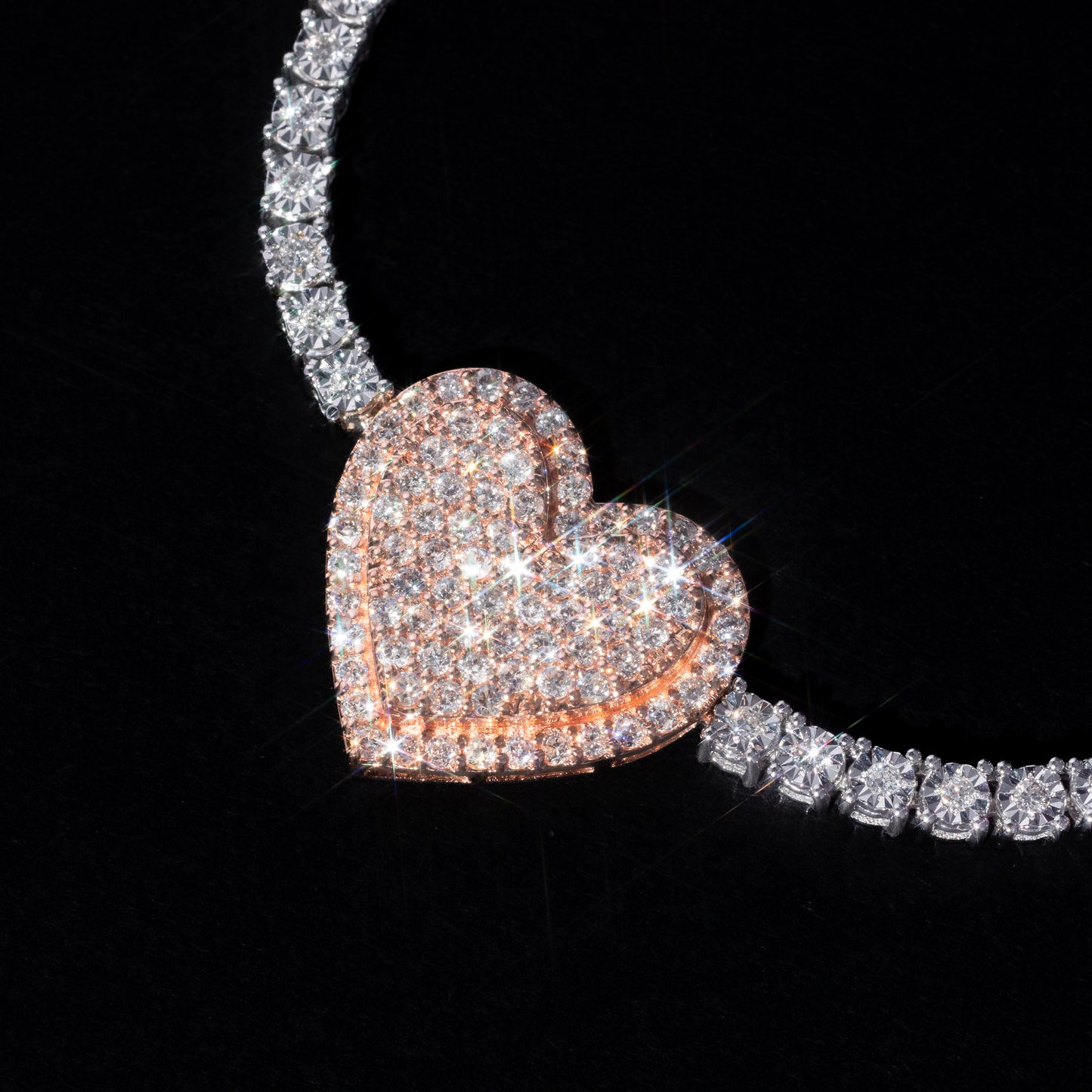 10k Rose & White Gold Heart Charm Tennis Chain