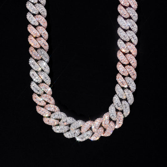 10k Two-Tone Rose & White Gold Round & Baguette Diamond Cuban Link Chain