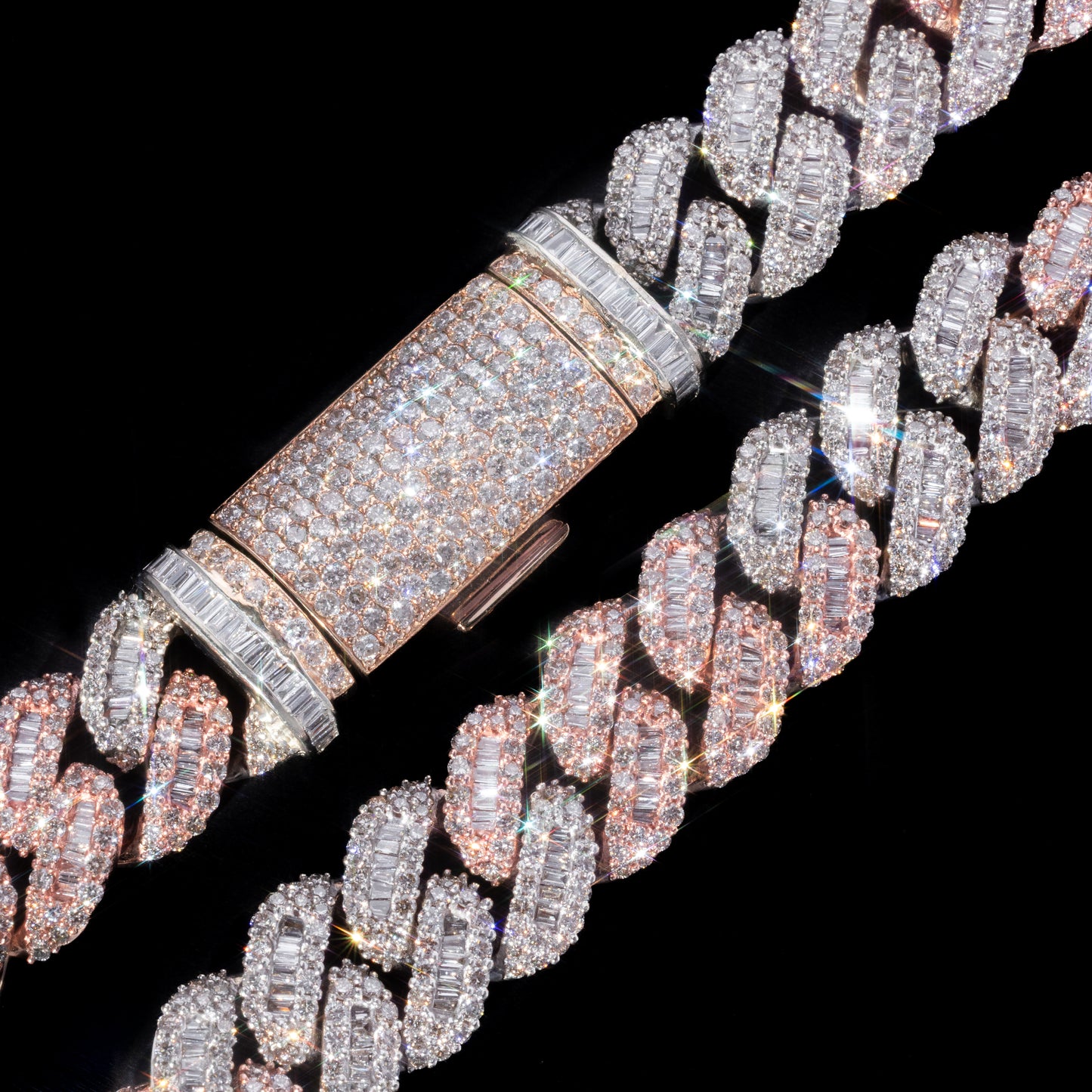 10k Two-Tone Rose & White Gold Round & Baguette Diamond Cuban Link Chain