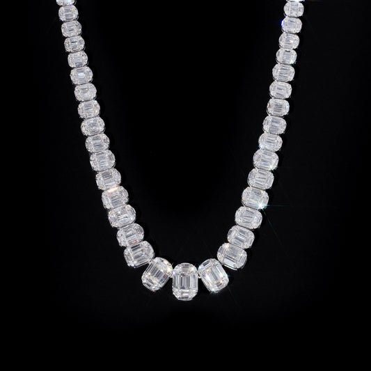 14k White Gold Oval Shaped Baguette and Round Diamond Chain