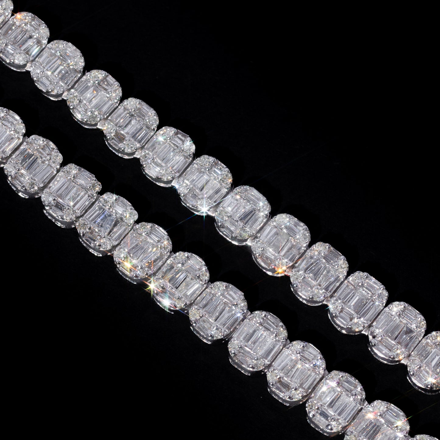 14k White Gold Oval Shaped Baguette and Round Diamond Chain