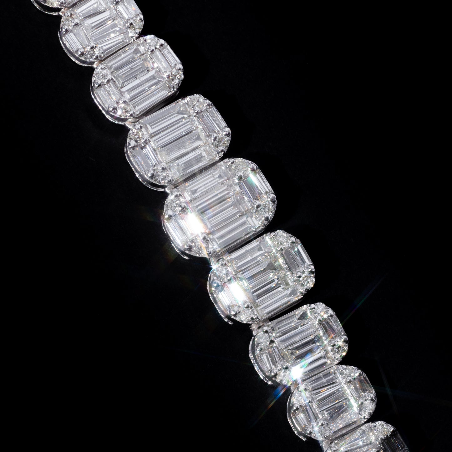 14k White Gold Oval Shaped Baguette and Round Diamond Chain