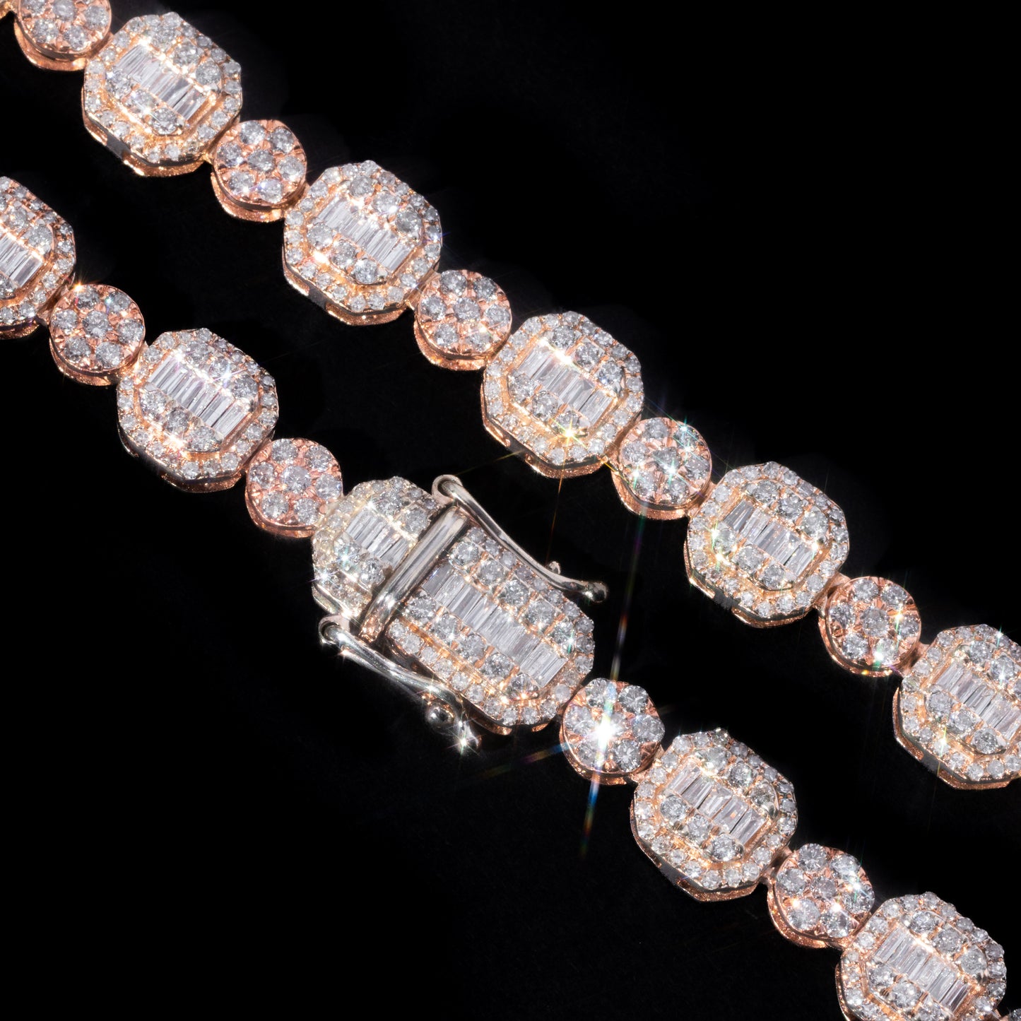 10k Rose & White Gold Round Baguette Diamond Chain