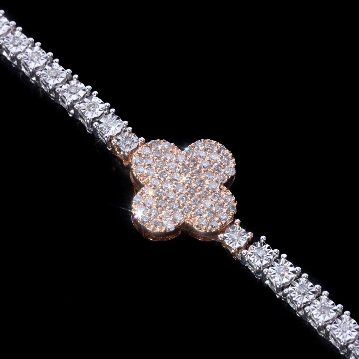 10k Rose & White Gold Clover Charm Tennis Chain