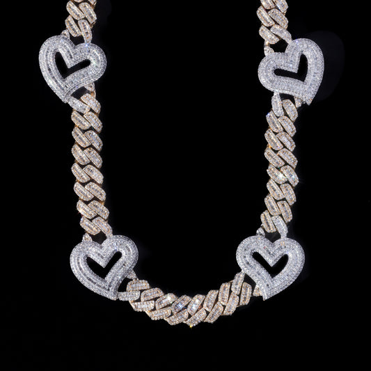 10k Yellow & White Gold Round & Baguette Heart Cuban Link Chain