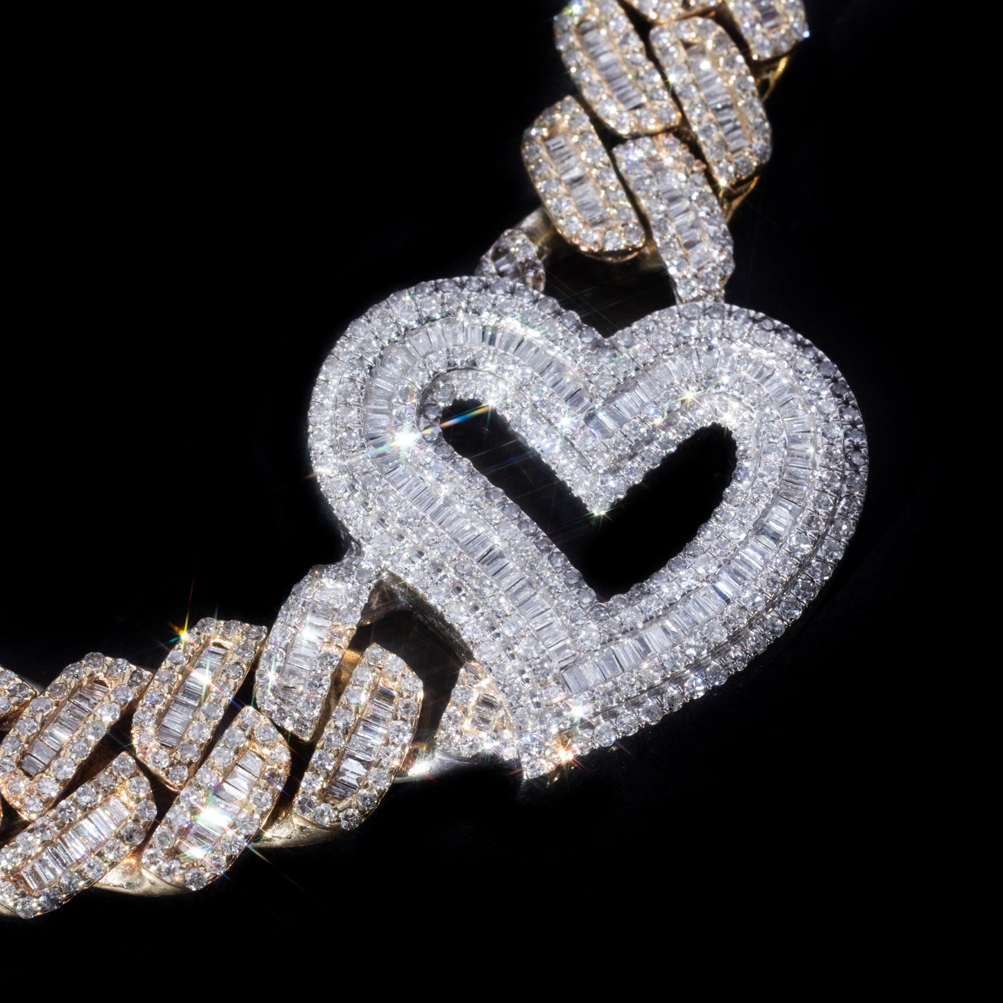 10k Yellow & White Gold Round & Baguette Heart Cuban Link Chain