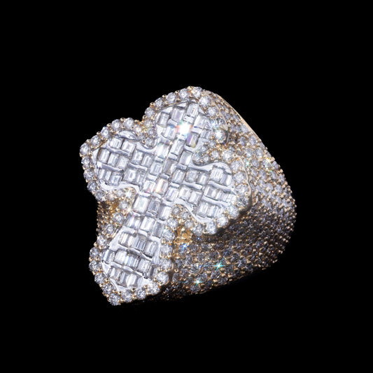 14k Yellow Gold Baguette/Round Diamond Cross Ring