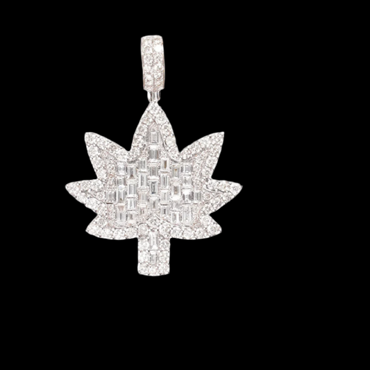 14kt White Gold Weed Leaf Pendant with Diamonds