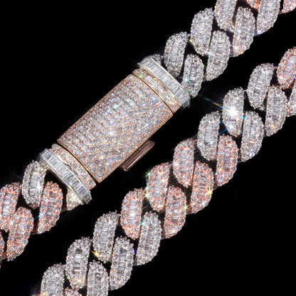 10k Two-Tone Rose & White Gold Round & Baguette Diamond Cuban Link Chain