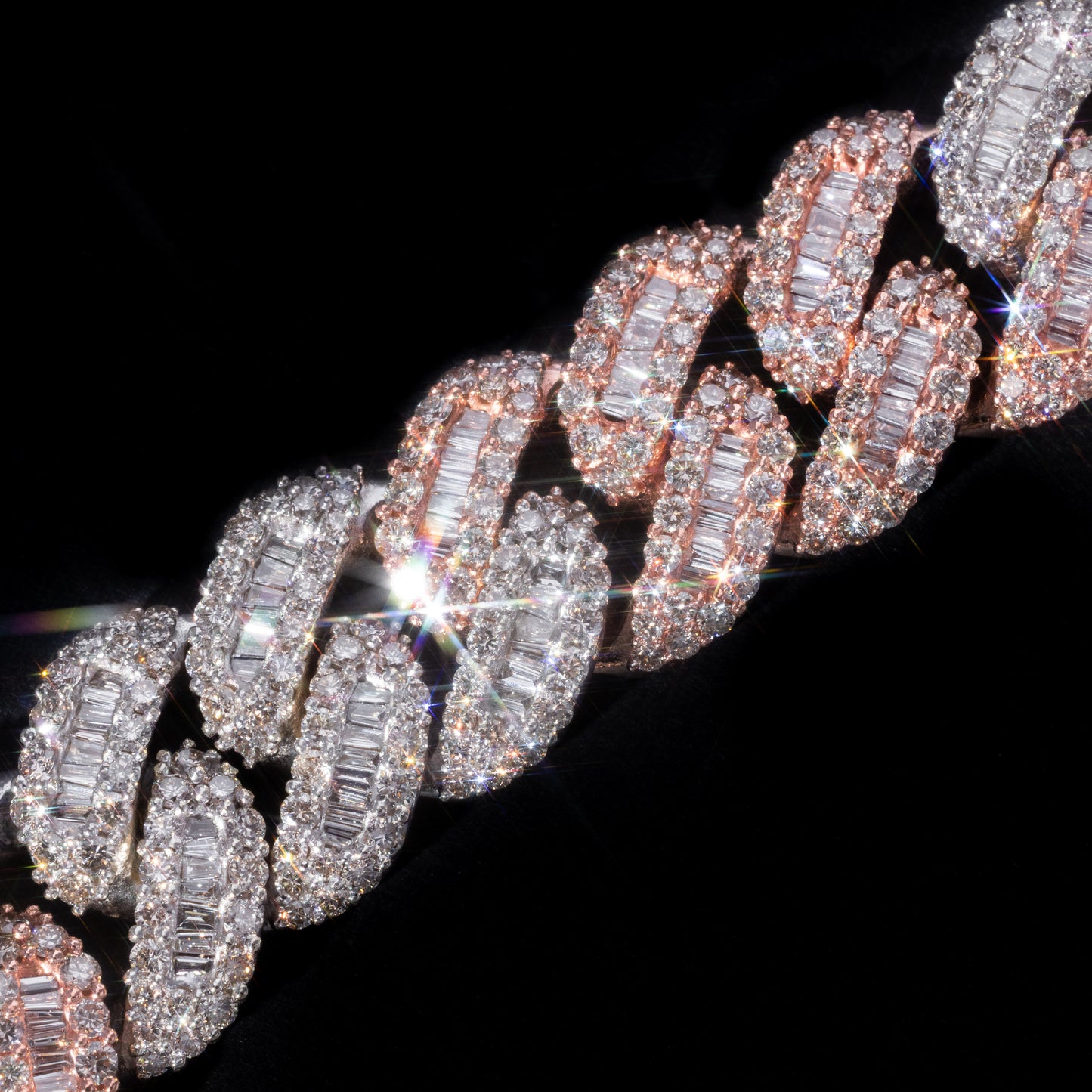 10k Two-Tone Rose & White Gold Round & Baguette Diamond Cuban Link Chain