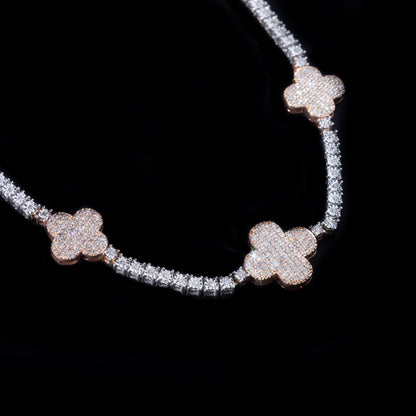 10k Rose & White Gold Clover Charm Tennis Chain