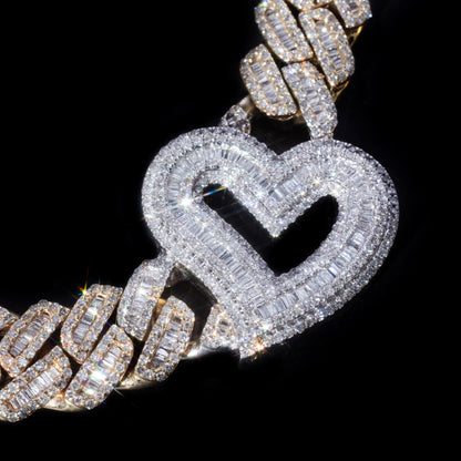 10k Yellow & White Gold Round & Baguette Heart Cuban Link Chain